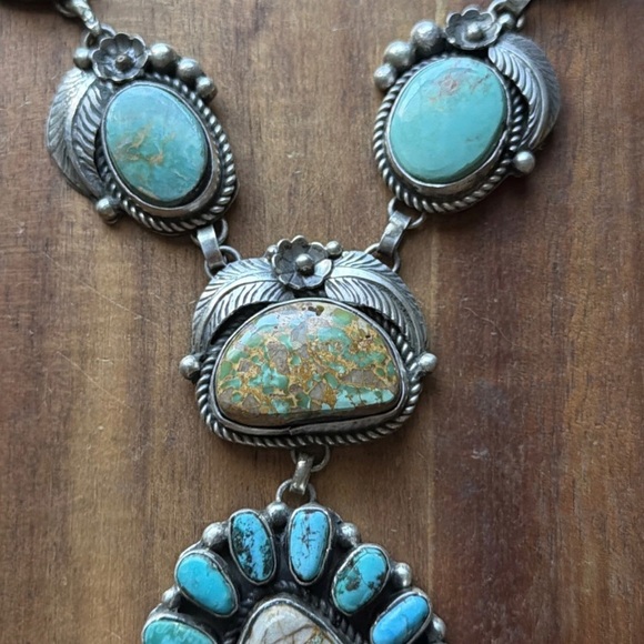 Navajo Sterling Silver Blue Green Royston Turquoise Lariat Cluster Necklace CY - Picture 7 of 12